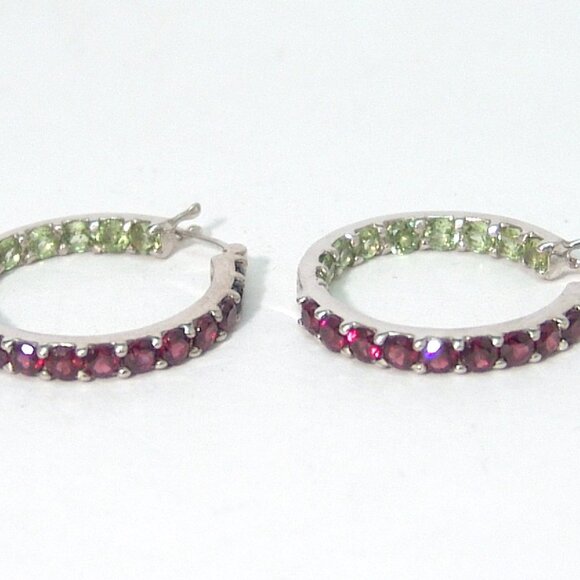 Sterling Silver Rhodolite Garnet Peridot Hoop Earrings 1" Rhodium Anti Tarnish - Picture 4 of 5